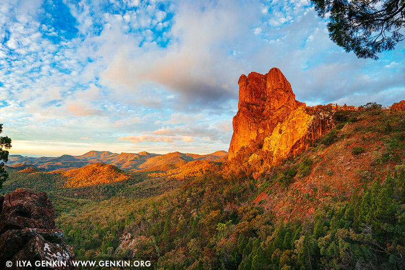 landscapes stock photography | Belougery Spire at Sunset, Warrumbungle National Park, New South Wales (NSW), Australia, Image ID AU-WARRUMBUNGLES-0005