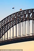 australia stock photography | Sydney Harbour Bridge Silhouette, Sydney, New South Wales, Australia, Image ID AU-SYDNEY-HARBOUR-BRIDGE-0053. The photo showcases the silhouette of the Sydney Harbour Bridge's steel arches in the evening light. The intricate latticework of beams and girders is sharply defined against the sky, which fades from blue at the top to warm shades of yellow near the horizon as the sun sets. The bridge's massive, sweeping arches create a bold, striking contrast against this vibrant backdrop. The scene exudes a sense of calm and grandeur as day transitions into night.