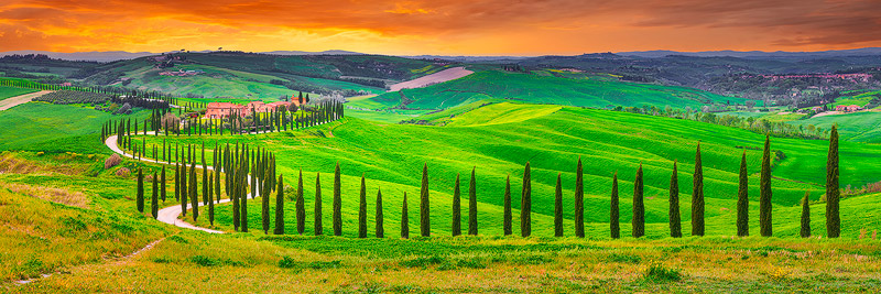 italy stock photography | Vivid Sunset at Baccoleno, Crete Senesi, Tuscany, Italy. Baccoleno is a picturesque farmhouse nestled in the rolling hills of Crete Senesi, Tuscany, Italy. Renowned for its iconic cypress-lined winding driveway, it is surrounded by lush green fields and breathtaking landscapes. This idyllic location perfectly embodies the timeless beauty and charm of the Tuscan countryside. A stunning panoramic view of Baccoleno captured at sunset. The vibrant sky is ablaze with fiery hues of red, orange, and yellow, casting a warm glow over the rolling hills. The lush green fields of grass and crops stretch endlessly, their vivid tones enriched by the golden light. The iconic winding cypress-lined driveway leads to the charming farmhouse, perfectly framed within the dramatic landscape. The harmonious blend of nature's colours and Tuscany's timeless charm creates an unforgettable and mesmerising scene.