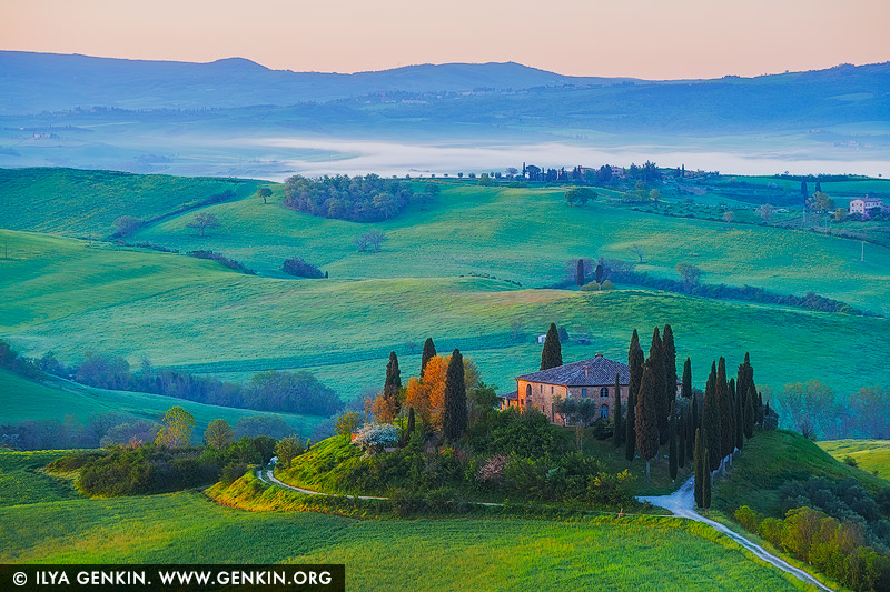 italy stock photography | Podere Belvedere at Dawn, Pienza, Val d'Orcia, Tuscany, Italy, Image ID ITALY-TUSCANY-0012