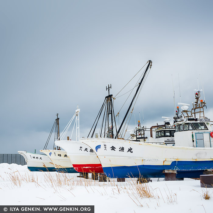 japan stock photography | Wakkanai's Fishing Boats in Winter, Hokkaido, Japan. Fishing boats in Wakkanai, located on the northern tip of Hokkaido, Japan, often spend winter on the shore due to the harsh and icy conditions in the Sea of Japan and the Sea of Okhotsk during this season. Winters in Wakkanai bring extremely cold temperatures, heavy snow, and powerful winds that make fishing difficult and sometimes impossible. Additionally, the coastal waters can develop ice floes that create hazardous conditions for small to medium-sized fishing boats. Most fishing activity in Wakkanai centres around summer and fall, with key catches like sea urchins, salmon, and crabs, which are abundant in warmer months. Winter provides a natural pause for maintenance and repair on these boats, giving fishermen the time needed to work on engines, hulls, and fishing gear. In some cases, the boats are pulled ashore or placed in dry docks to protect them from rough seas and freezing waters, ensuring they are ready for the next active fishing season. The snowy winter landscape surrounding the boats at rest has become a familiar sight in Wakkanai, and for some, it's even a point of local beauty and charm, capturing a peaceful period in the local fishing cycle.