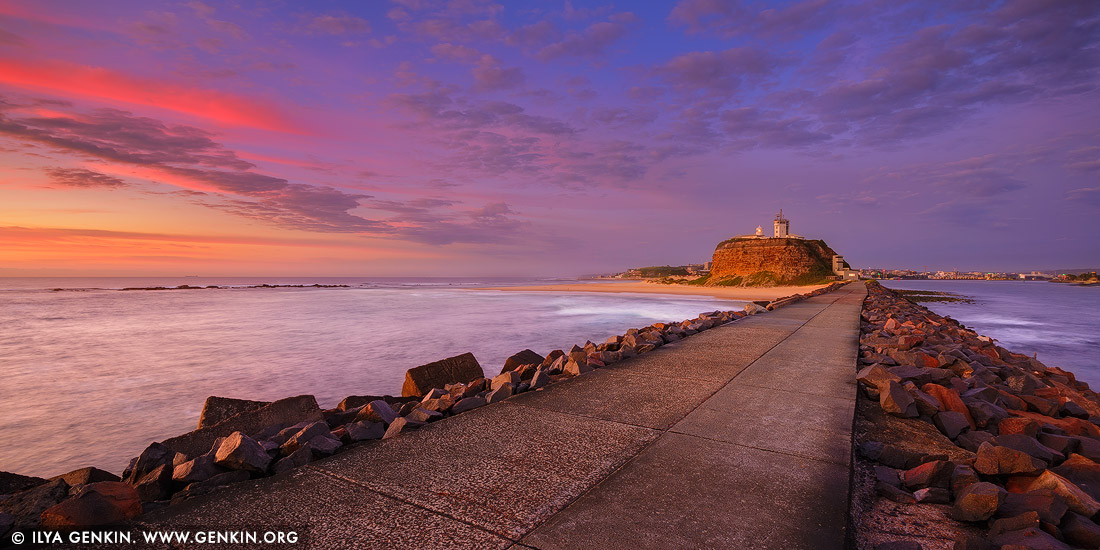 landscapes stock photography | Nobbys Lighthouse at Sunrise, Newcastle, NSW, Australia, Image ID AU-NOBBYS-LIGHTHOUSE-0001