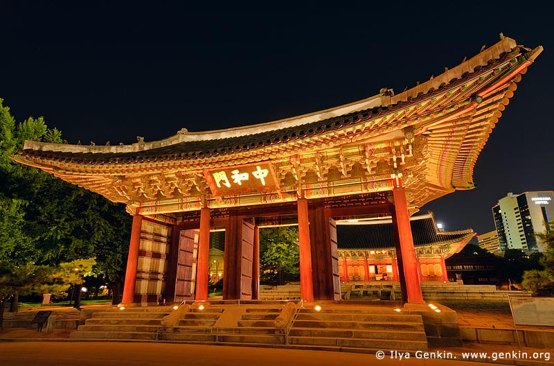  stock photography | The Junghwamun Gate at Night at Deoksugung Palace in Seoul, South Korea, Seoul, South Korea, Image ID KR-SEOUL-DEOKSUGUNG-0009