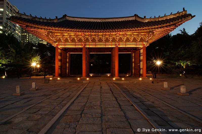  stock photography | The Junghwamun Gate and Rank Stones at Night at Deoksugung Palace in Seoul, South Korea, Seoul, South Korea, Image ID KR-SEOUL-DEOKSUGUNG-0010