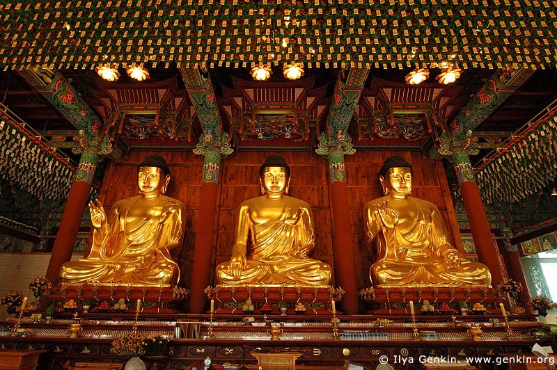  stock photography | Three Golden Buddha Statues Inside Jogyesa Temple in Seoul, South Korea, Gyeonji-dong, Jongno-gu, Seoul, South Korea, Image ID KR-SEOUL-JOGYESA-0007