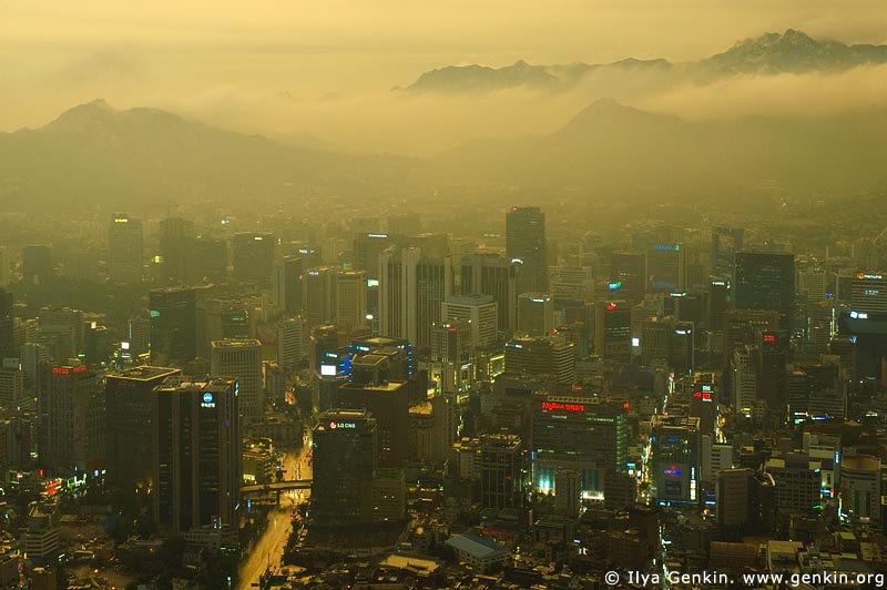  stock photography | Seoul city at Dusk, The view from N Seoul Tower in Seoul, South Korea provides a breathtaking 360 degree view of the city., Image ID KR-SEOUL-NAMSAN-0001