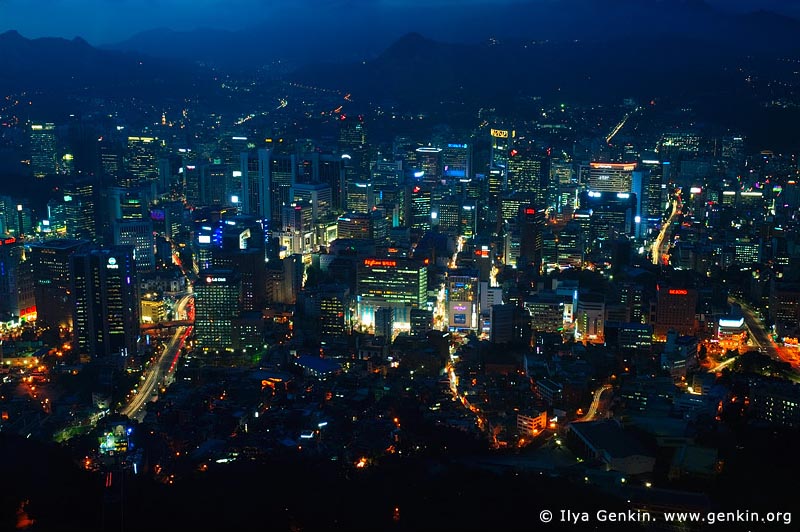  stock photography | Seoul city at Night, The view from N Seoul Tower in Seoul, South Korea provides a breathtaking 360 degree view of the city., Image ID KR-SEOUL-NAMSAN-0005