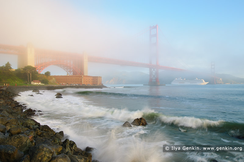 usa stock photography | The Golden Gate Bridge in Fog at Sunrise, San Francisco Bay, California, USA, Image ID US-SAN-FRANCISCO-GOLDEN-GATE-0003