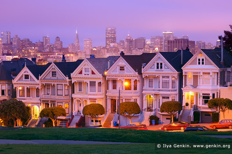 usa stock photography | The Painted Ladies at Dusk, Alamo Square, San Francisco, California, USA, Image ID US-SAN-FRANCISCO-PAINTED-LADIES-0001