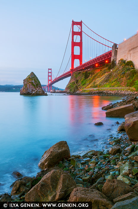 The Golden Gate Bridge at Twilight, Horseshoe Bay, Sausalito, San Francisco Bay, California, USA